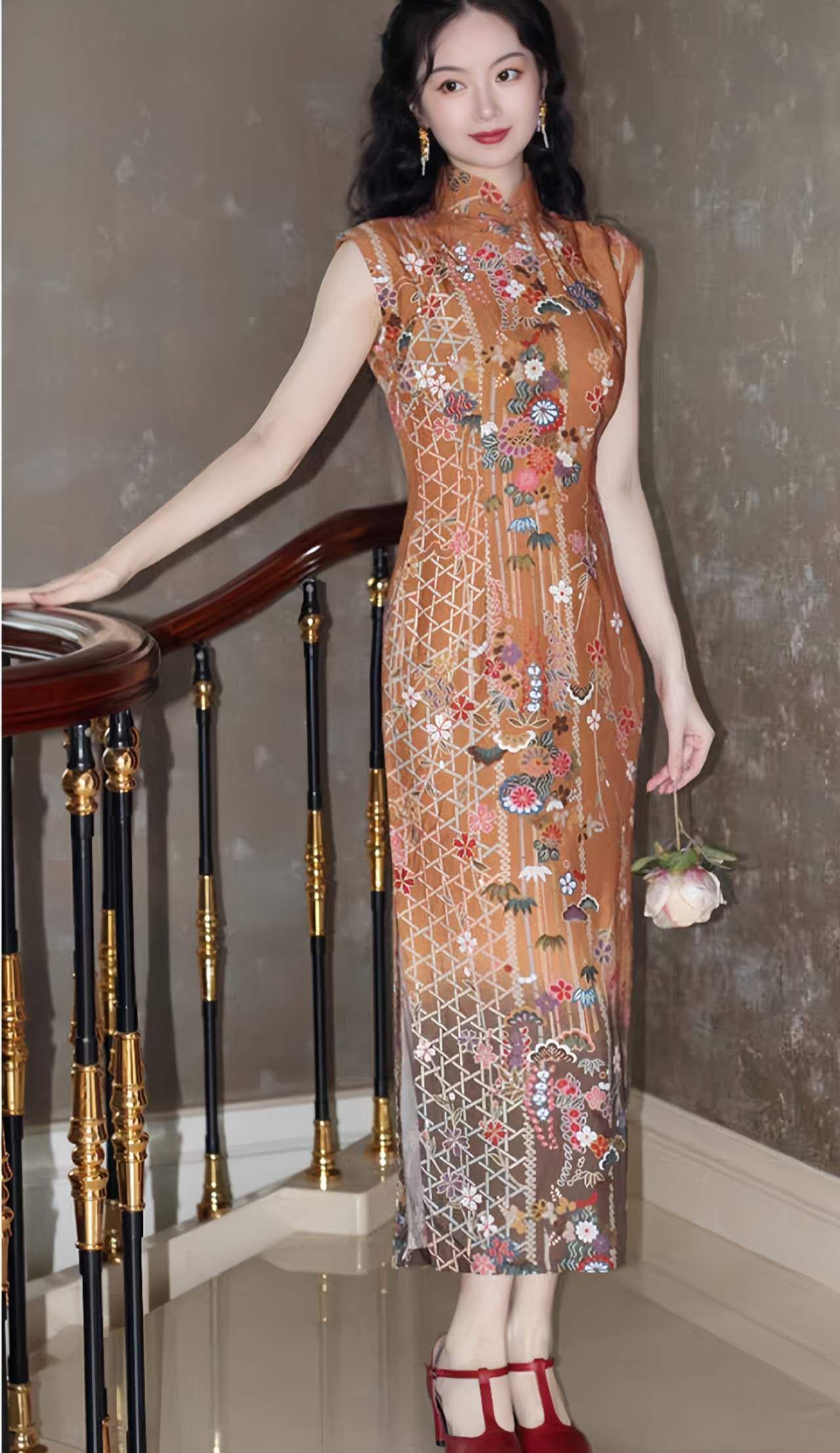 Vestido qipao vintage, Cheongsam Moderno, estampado floral retro, estilo chino tradicional, Vestido Elegante para Té