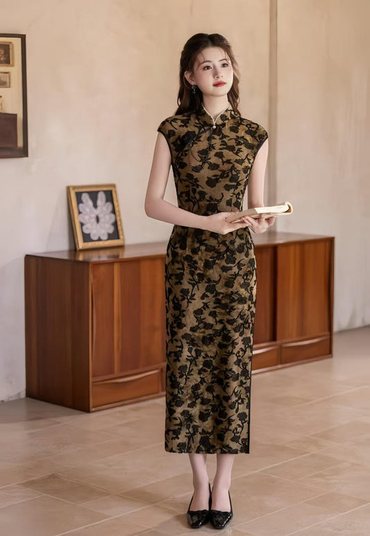 Embossed Velvet Qipao, Elegant Long Cheongsam Dress, Oriental Evening Party Costume, Vintage Chinese Style, Autumn Winter