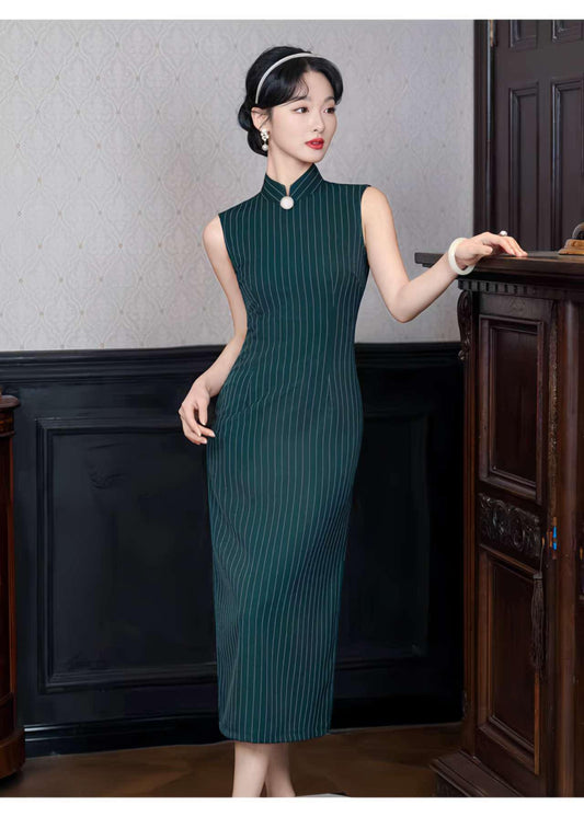 Vestido Qipao Verde Oscuro, Cheongsam Sin Mangas, Vestido Chino Retro a Rayas, Elegante Qipao para Oficina, Vestido Oriental Minimalista