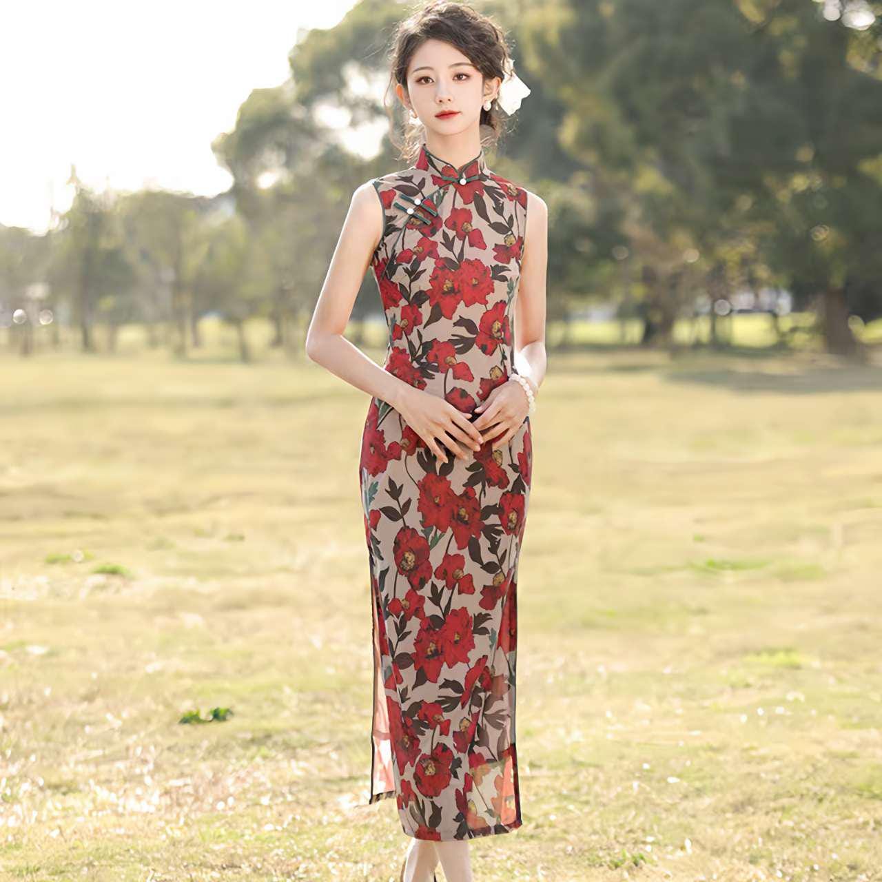 Vestido Qipao Flor Rojo, Vestido Retro Chino, Cheongsam Oriental de Verano, Elegante Qipao Vintage,Vestido Garden Tea Party,regalo para ella