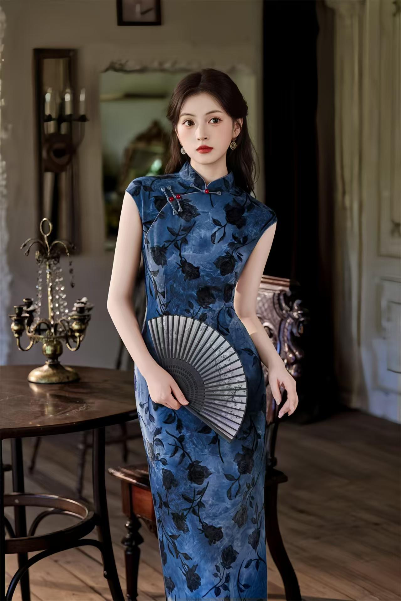 Vestido Qipao Chino Vintage, Maxi Cheongsam Floral Tie Dye,Noche con Cuello Mandarín Retro,Elegante Fiesta Estilo Asiático,Largo Tradicional