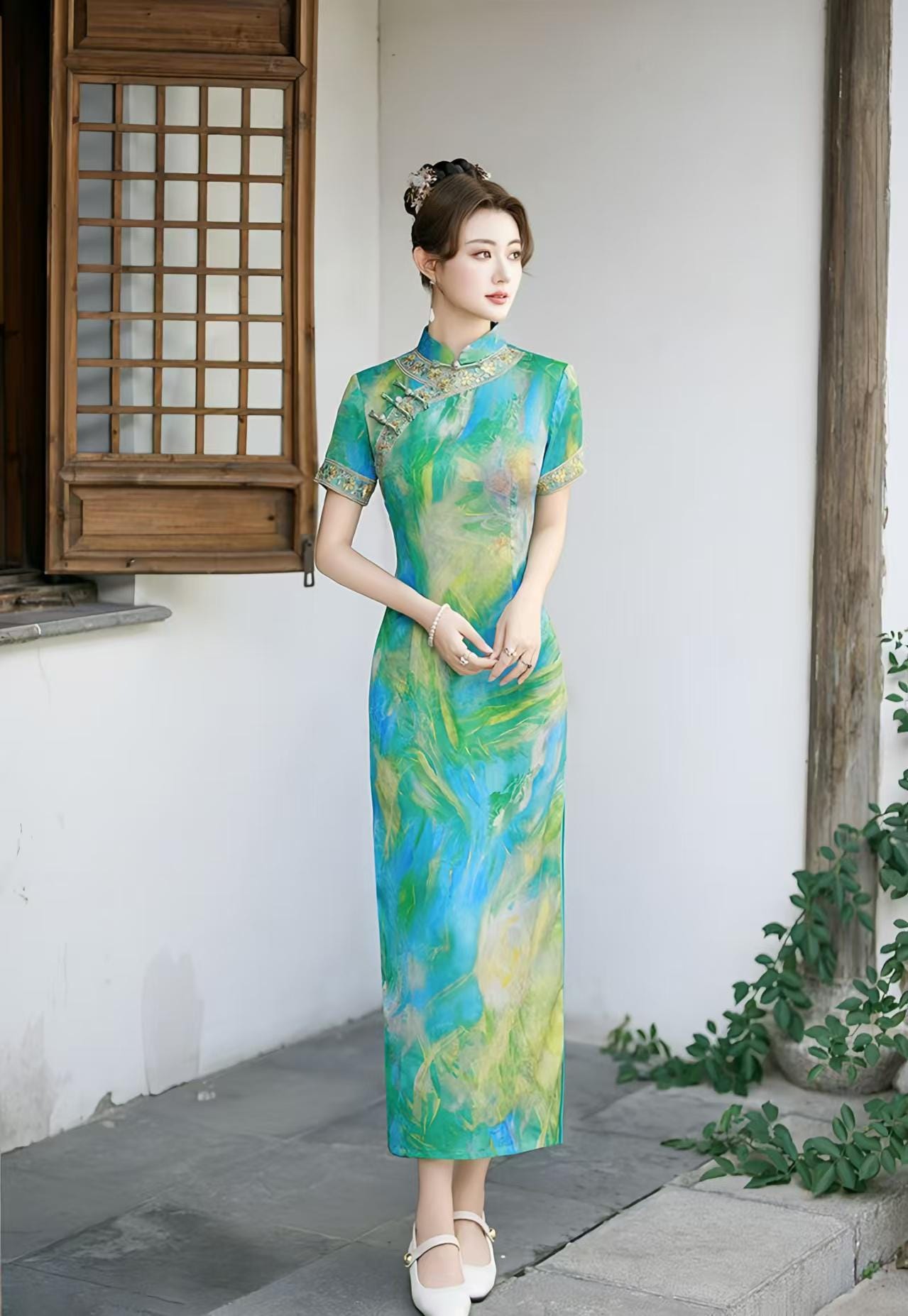 Qipao Jacquard,Vestido Cheongsam,Vestido Étnico Bordado, Maxi Qipao Artístico Azul Verde,Vestido Formal Tradicional Asiático,Vestido de Lujo