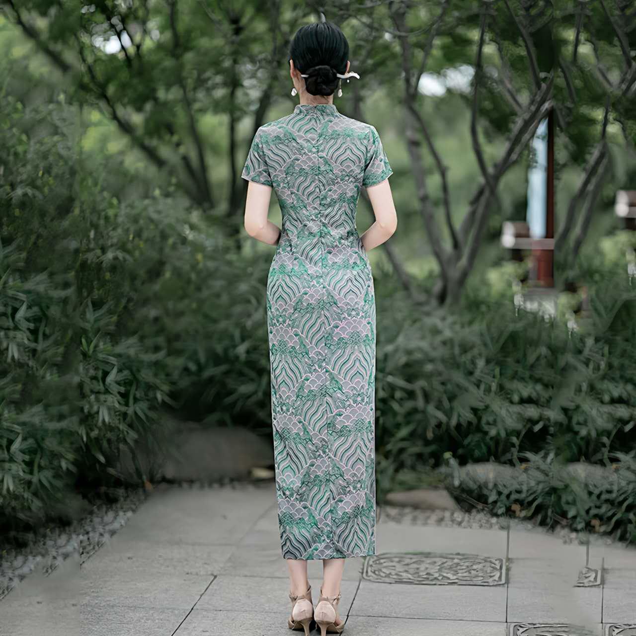 Vestido Cheongsam verde, Vestido Qipao Vintage,  Elegante Vestido Chino, Vestido para Eventos Culturales,Vestido para Ceremonia del Té
