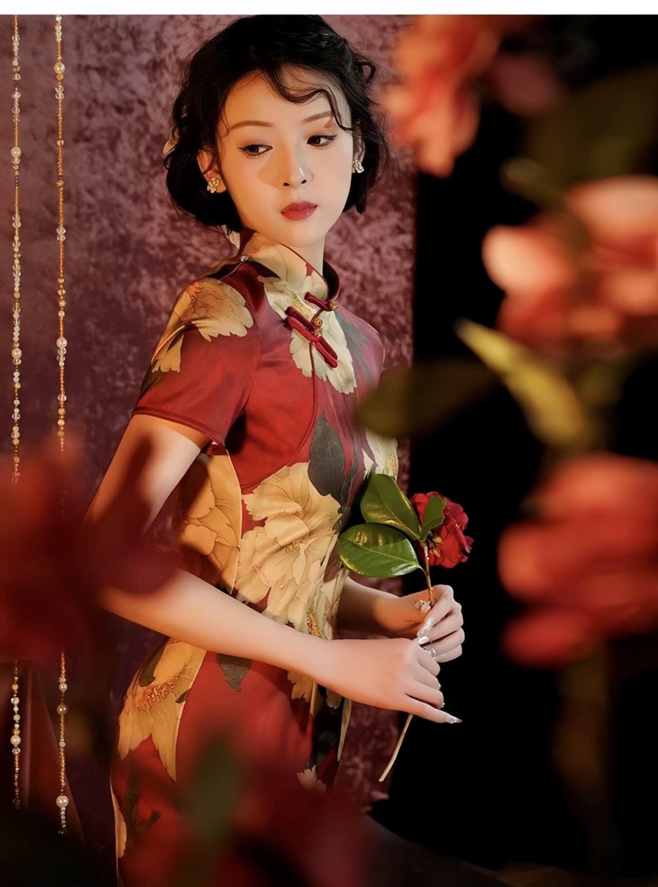 Romántico Qipao Peonía, Vestido Cheongsam Floral Rojo, Vestido de Novia Chino, Vestido Patrón Peonía, tallas grandes S-4XL, Regalo para ella