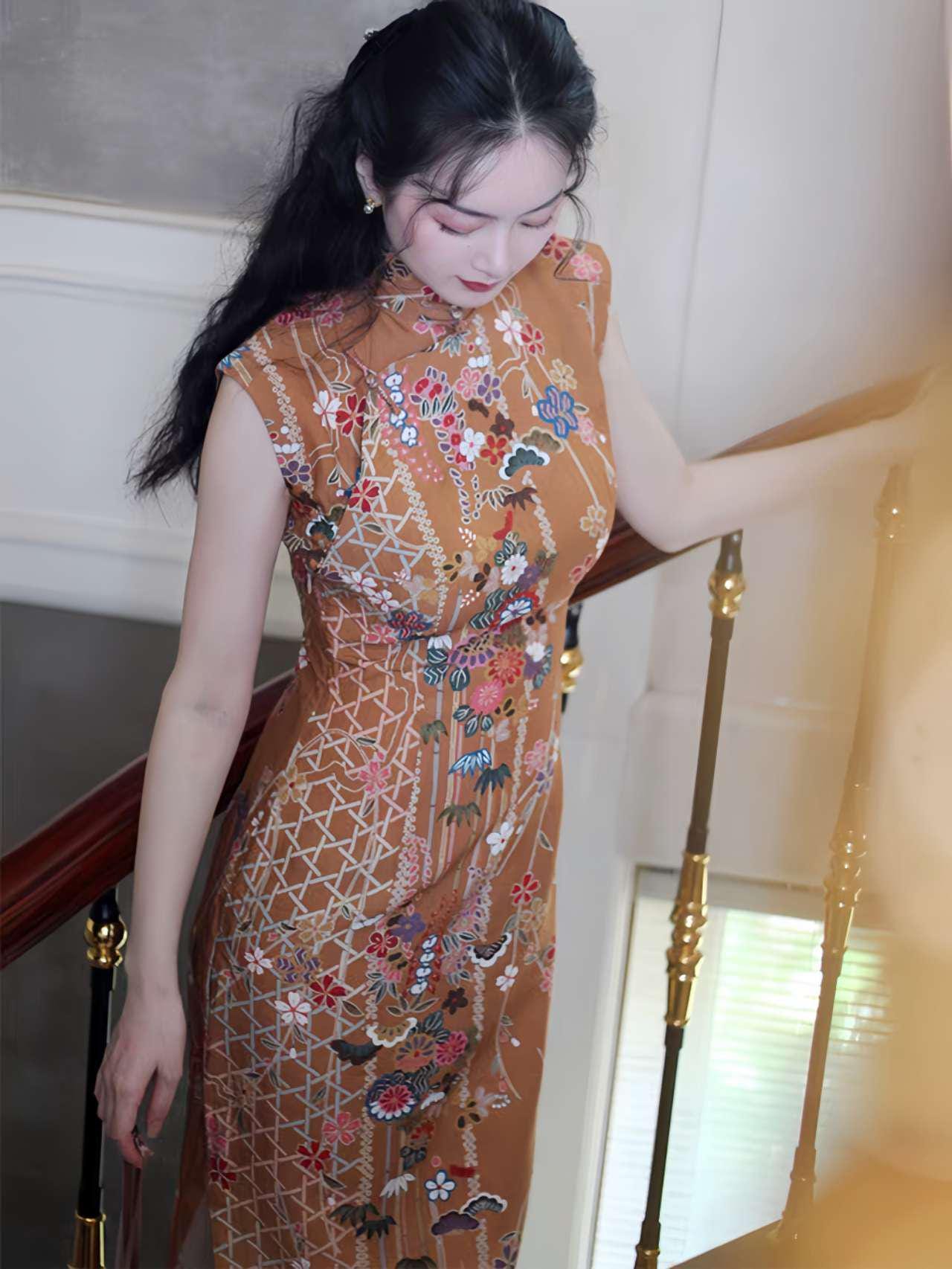 Vestido qipao vintage, Cheongsam Moderno, estampado floral retro, estilo chino tradicional, Vestido Elegante para Té