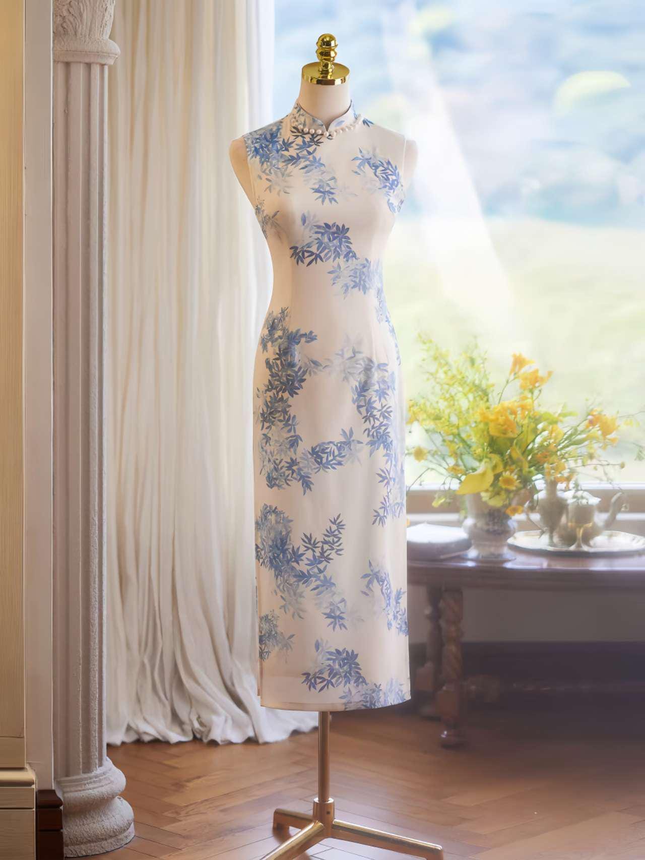Lino de seda Vestido Cheongsam, Azul Blanco Bambú Qipao, Elegante Vestido de Té Chino, Clásico Estilo Oriental Librería,regalo para ella