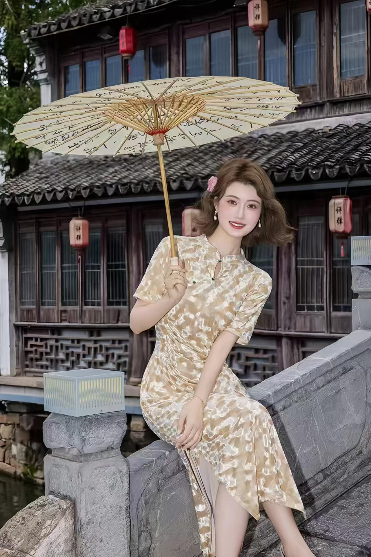 Champagne Velvet Qipao, Elegant Long Cheongsam Dress, Vintage Chinese Evening Dress, Oriental Formal Party Costume, Autumn Winter