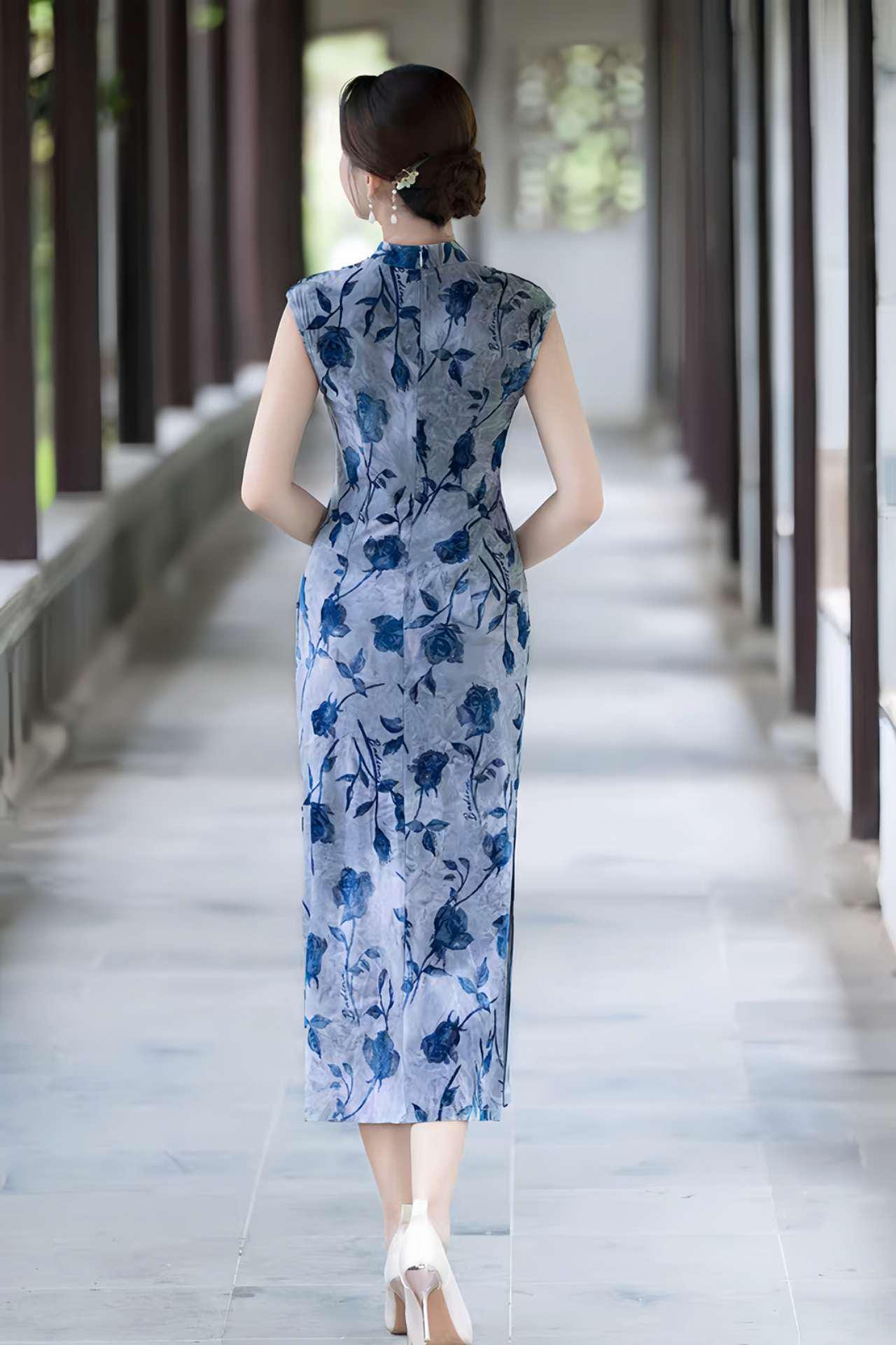 Floral Jacquard Qipao Dress, Elegant Blue Cheongsam, Vintage Chinese Dress, Classic Dress, Modern Oriental Dress, Light Blue Retro Dress
