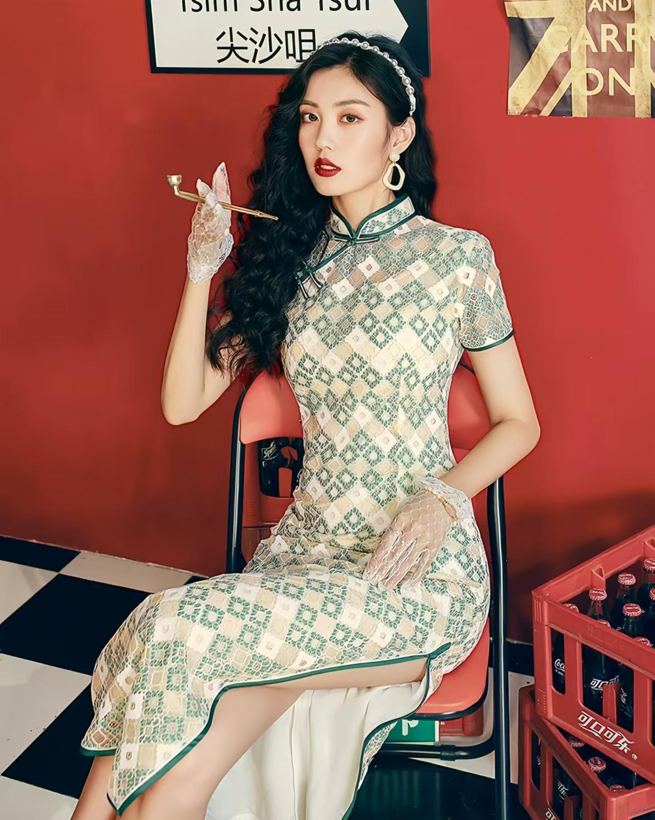 Qipao retro, vestido Hong Kong de los 90, Qipao cuadriculado, vestido vintage urbano,vestido de encaje de chica guay, vestido oriental funky