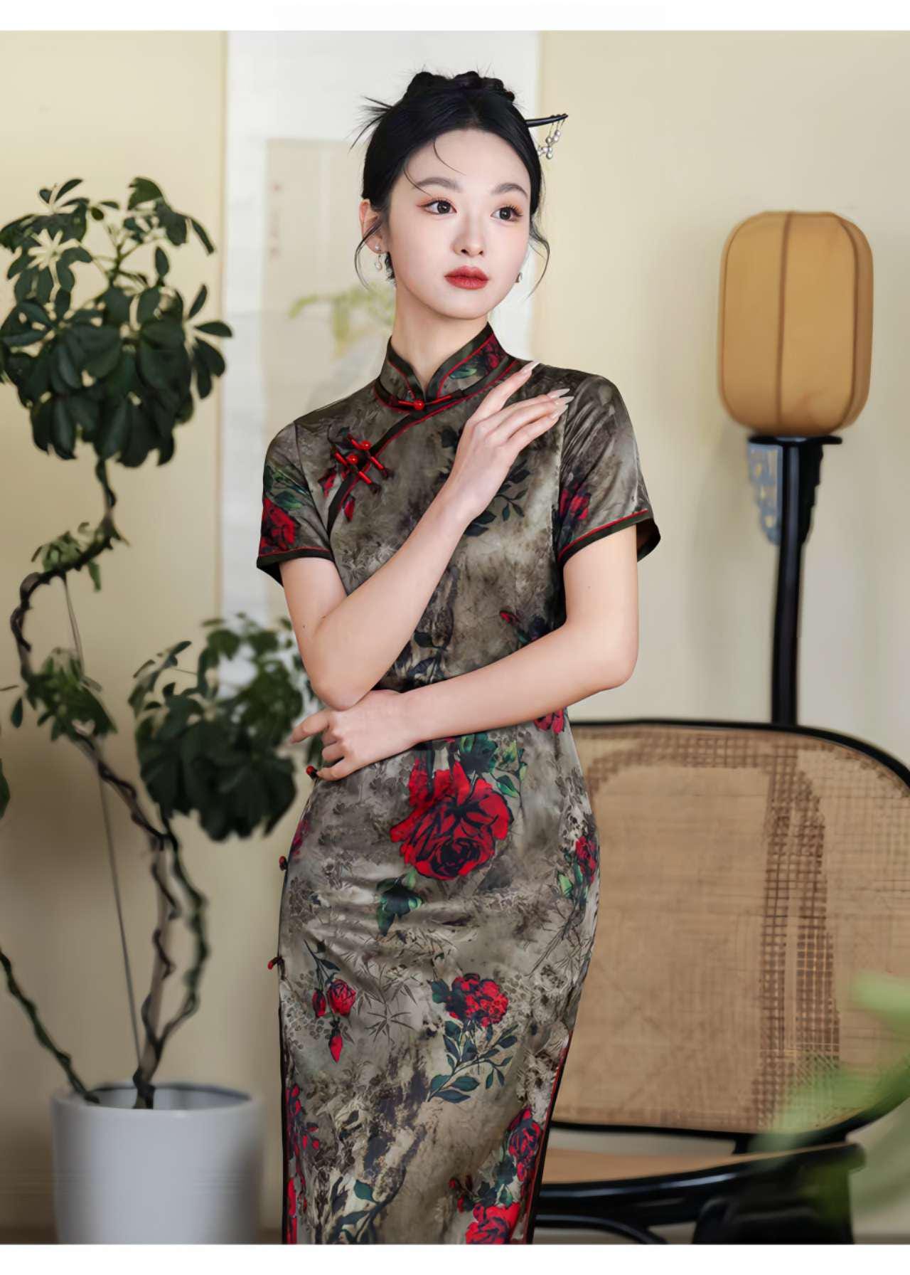 Qipao Rosa Vintage, Elegante Cheongsam Jacquard, Vestido Retro Chino, tallas grandes M-4XL,Vestido para Ceremonia del Té,Regalo para ella