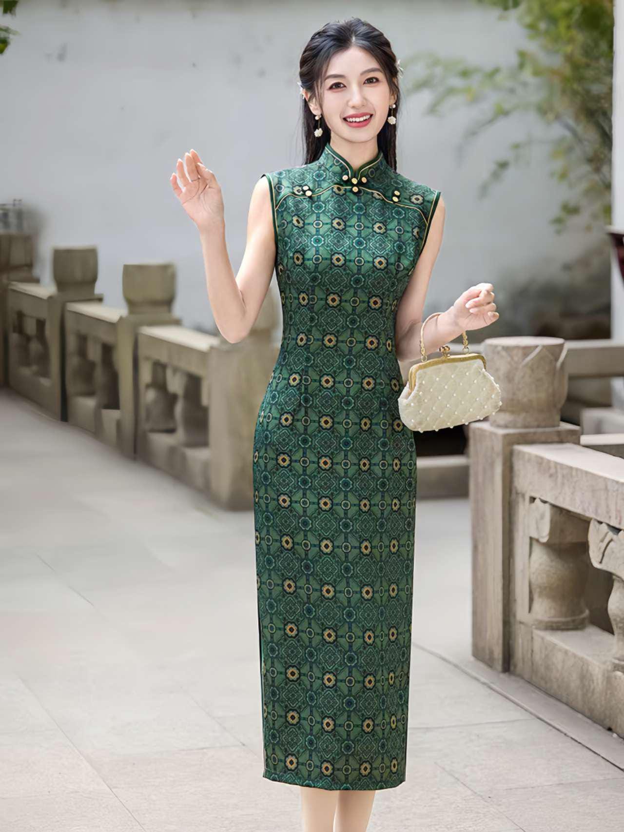 Qipao Chino Vintage,Vestido Cheongsam Retro Elegante,Vestido Qipao Estampado Verde,Qipao Estilo Tradicional,regalo cultural,Ceremonia del Té