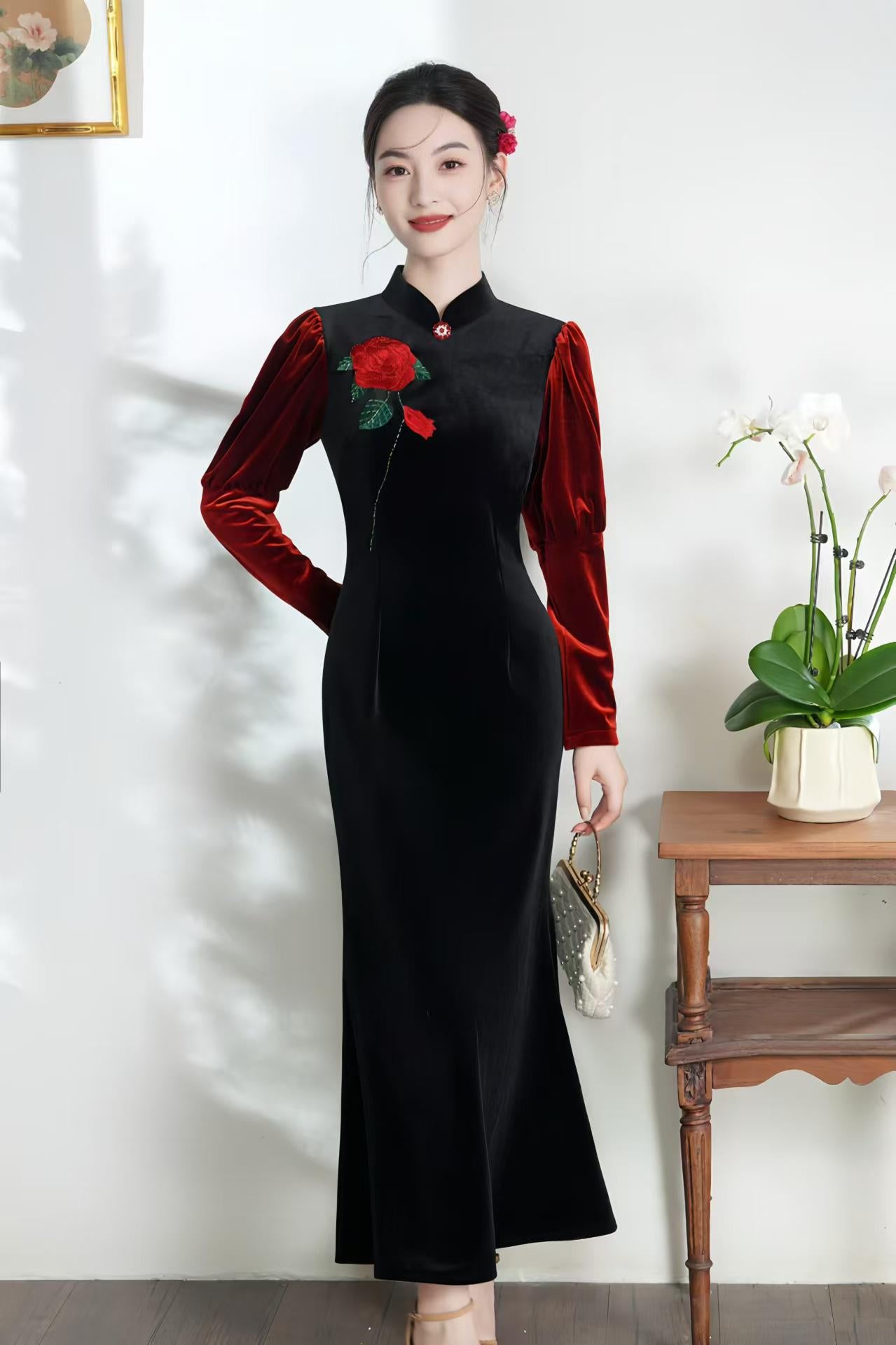 Mermaid Velvet Qipao, Chinese Wedding Cheongsam Dress, Elegant Mother of the Bride Dress, Autumn Party Outfit, Oriental Black Red
