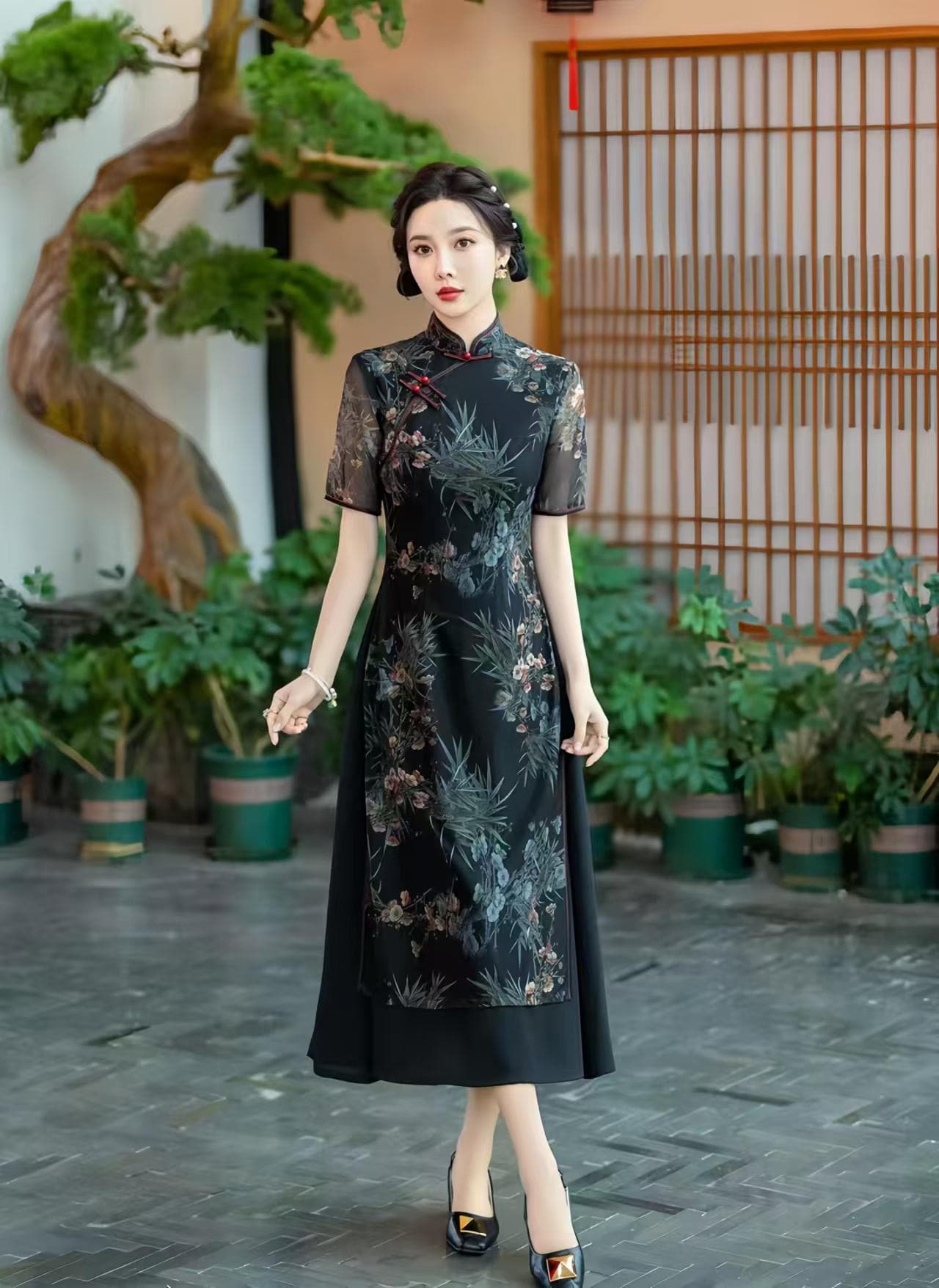 Vestido AoDai Qipao, Cheongsam Floral Oriental, Elegante Vietnamita, Chino Moderno, Mangas Transparentes,Cultural Asiático,Flores de Bambú