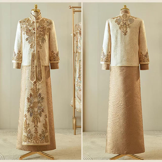Dragon and Phoenix Embroidered Wedding Dress, Chinese Silk Brocade Groom Suit, Luxury Traditional Wedding Dress, Long-Sleeved Wedding Dress
