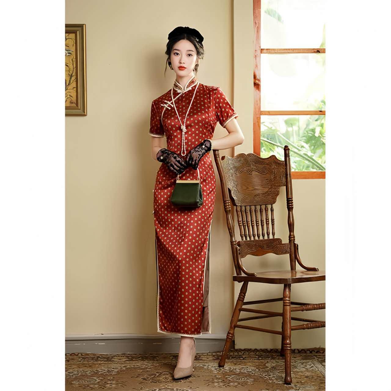 Qipao Vintage de Lunares, Vestido Cheongsam Estilo Francés, Vestido Chino Años 30, Vestido Brocado Floral rojo, Vestido Retro Té Shangai