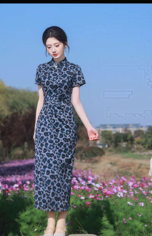 Qipao estampado leopardo, vestido cheongsam azul,vestido de punto qipao,vestido oriental atrevido,vestido mandarín sexy,vestido asiático Y2K