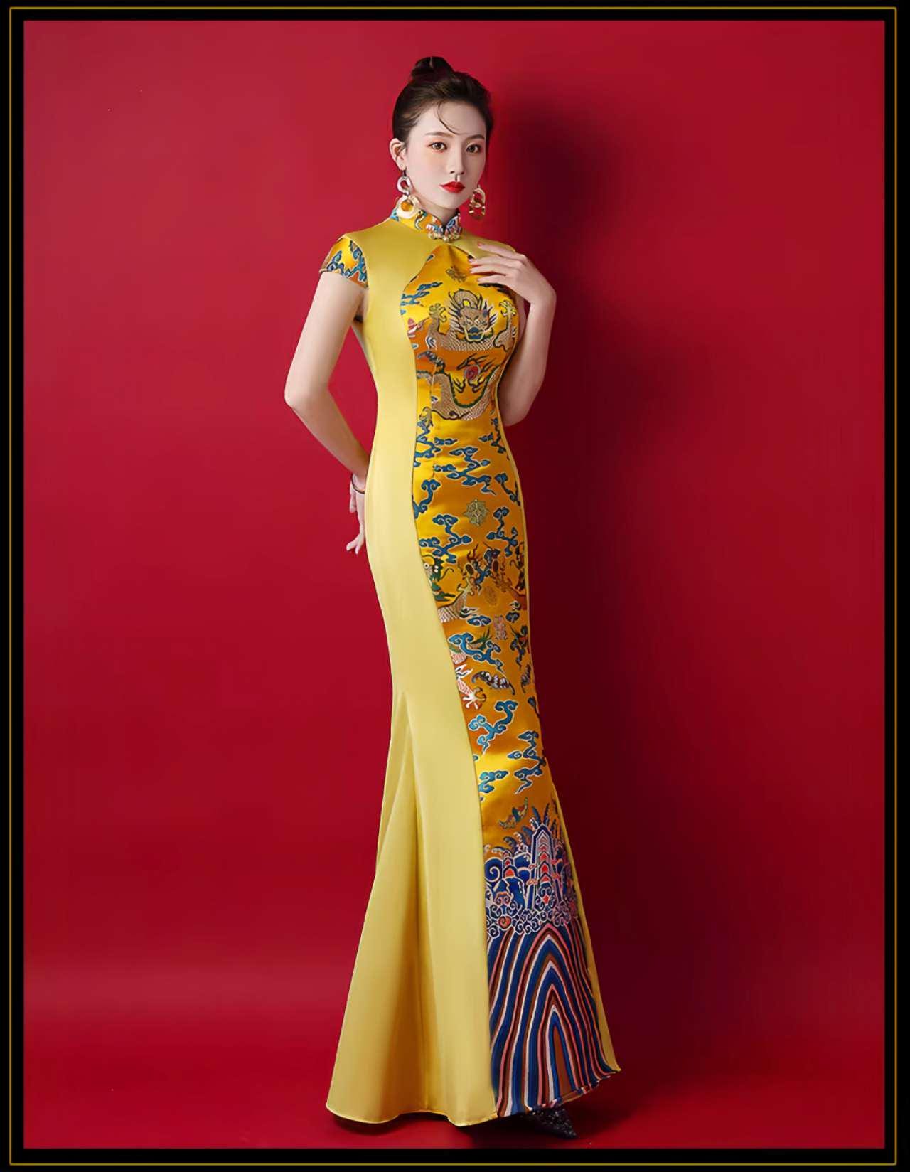 Cheongsam Dragón Imperial, Vestido Chino Amarillo, Vestido de Noche Oriental, Qipao Largo,Traje Tradicional Asiático,Traje Escénico Cultural