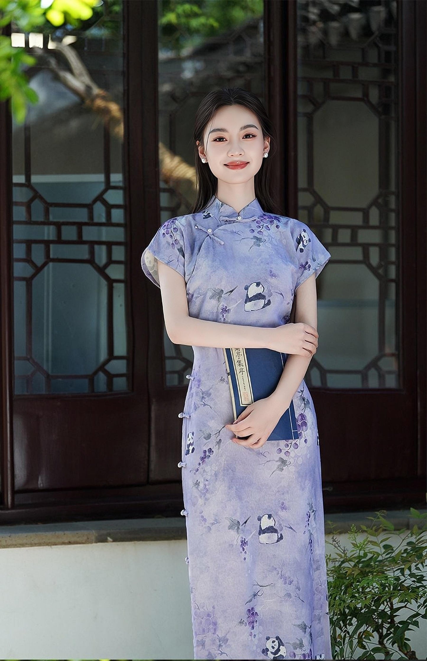 Purple Panda Qipao Dress, Vintage Chinese Cheongsam, Retro Asian Tea Party Dress, Animal Pattern  Dress, regalo para ella