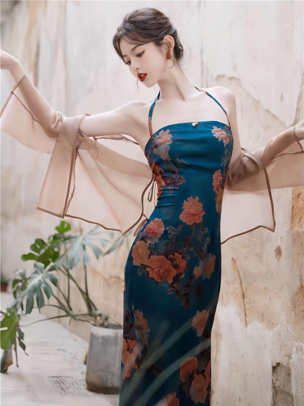 Dos Piezas Floral Qipao,  Retro Asiático Halter Vestido, Clásico Floral Vestido Chino,Azul Cheongsam Vestido Conjunto,Verano Vintage Vestido