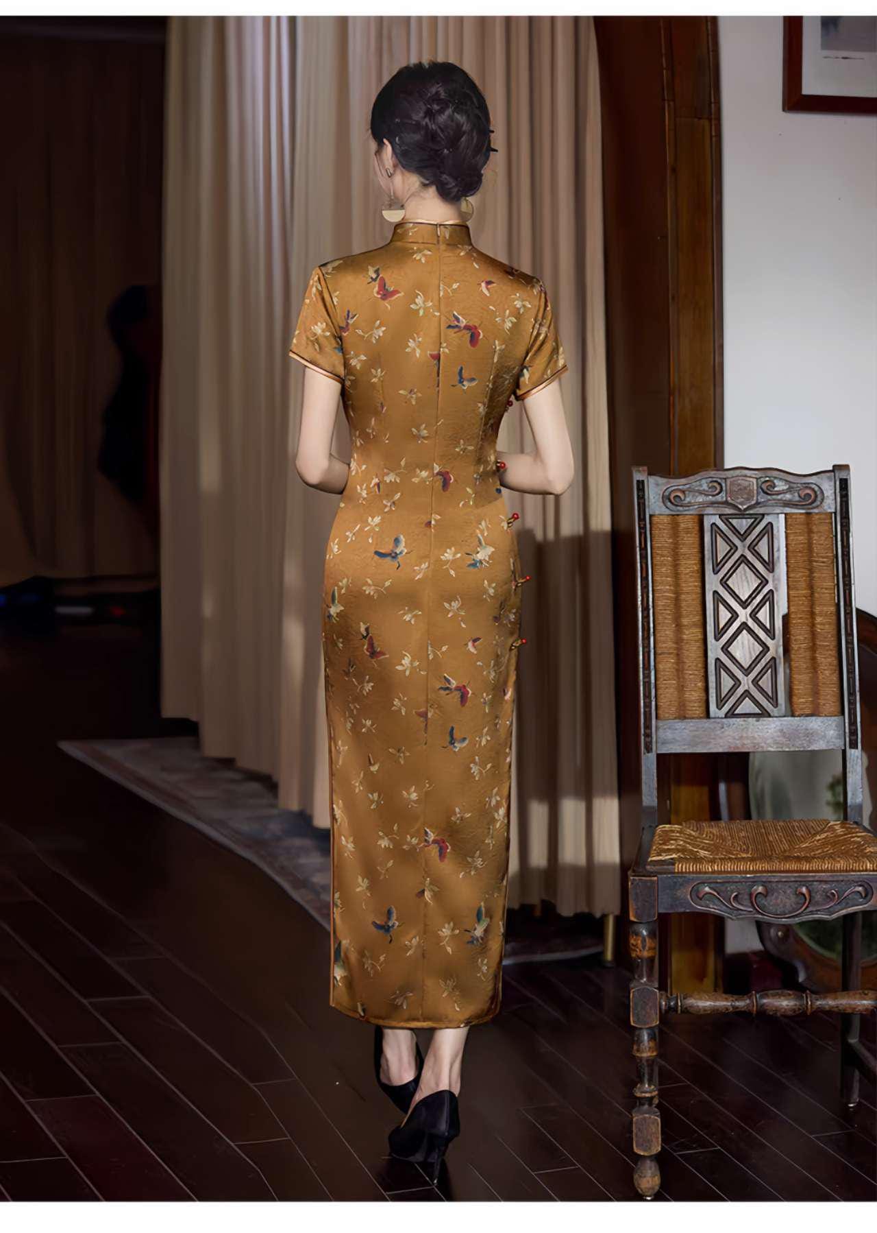 Yellow Bird Qipao, Vintage Cheongsam Dress, Summer Dress, Oriental Floral Dress, Elegant Tea Dress, Gift for Her