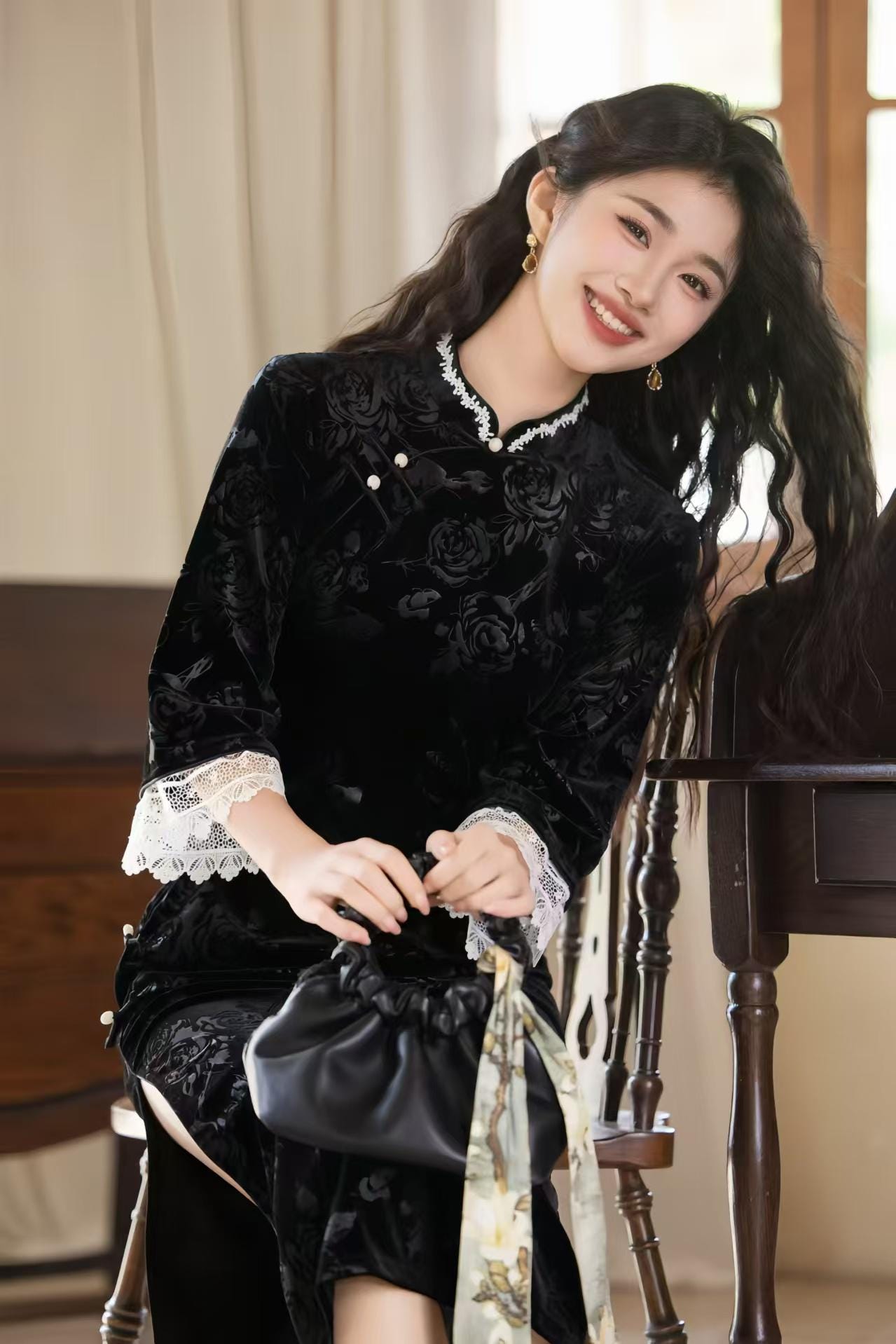 Pink Velvet Jacquard Qipao, Black Midi Cheongsam Dress, Elegant Chinese Dress with Lace Trim, Vintage Autumn Oriental Dress
