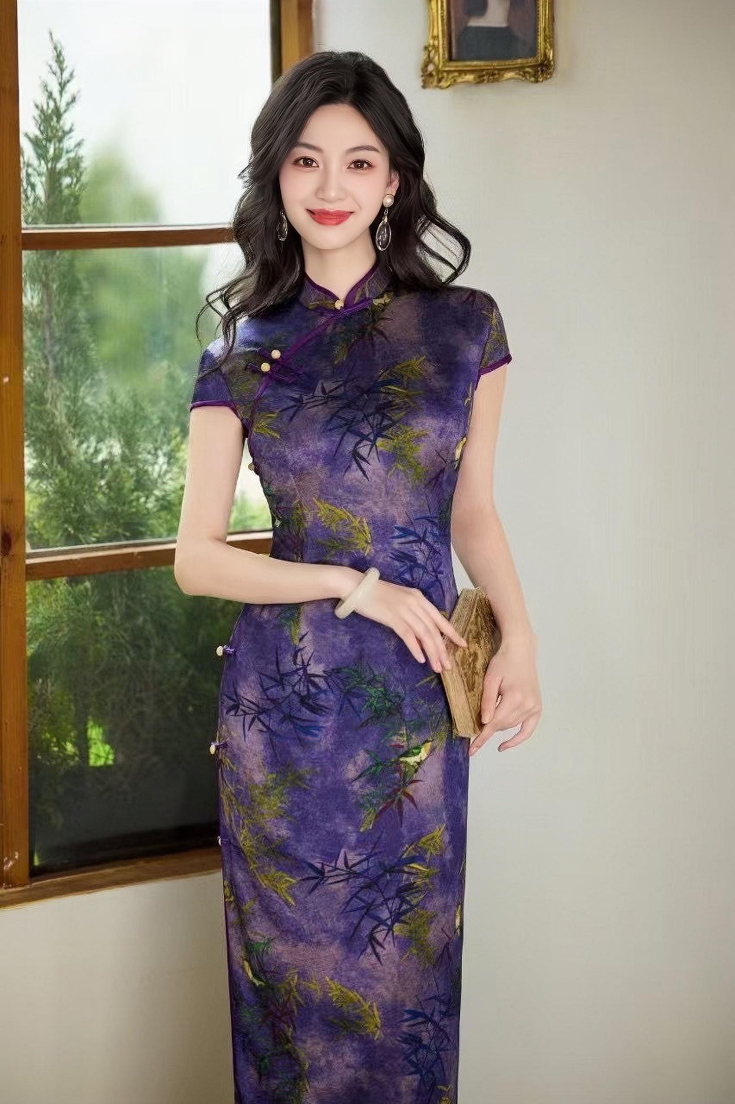 vestido qipao bambú violeta, qipao púrpura sofisticado, Vestido Cheongsam Moderno,  Vestido Vintage Elegante para Té, regalo para ella