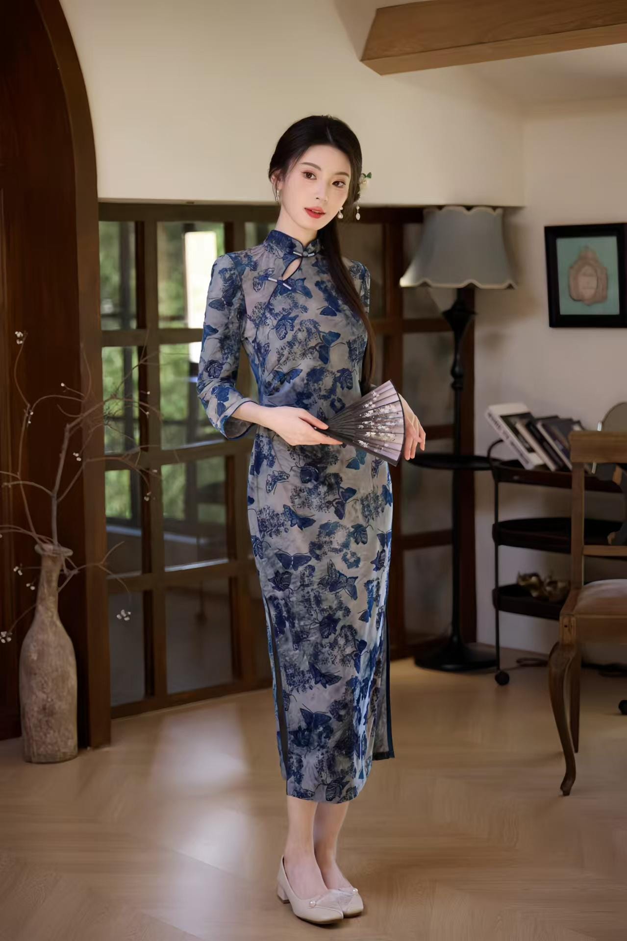 Velvet Qipao Dress, Blue Cheongsam with Butterfly Print, Elegant Oriental Evening Dress, Vintage Chinese Cocktail, Formal Fashion