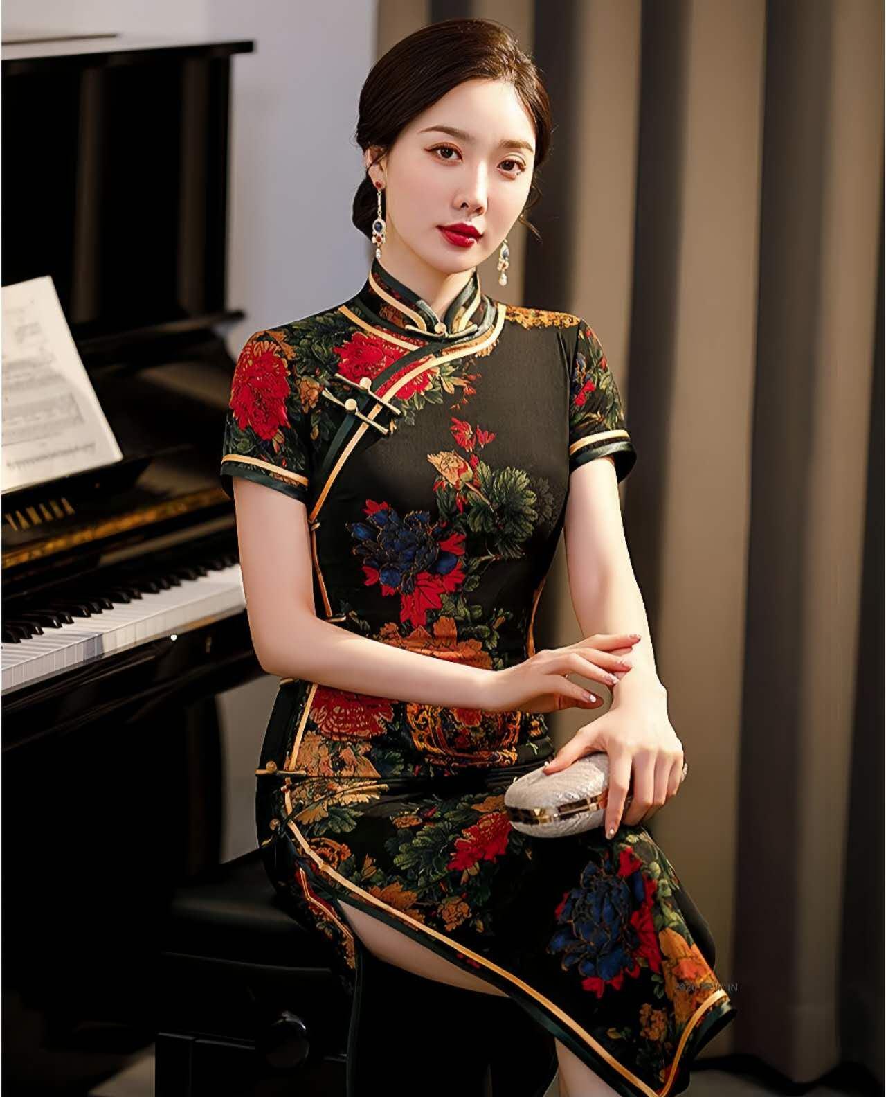 qipao elegante negro, vestido vintage oriental, ropa cheongsam fiesta, Vestido Vintage Elegante para Té, regalo madre elegante, retro, M-4XL