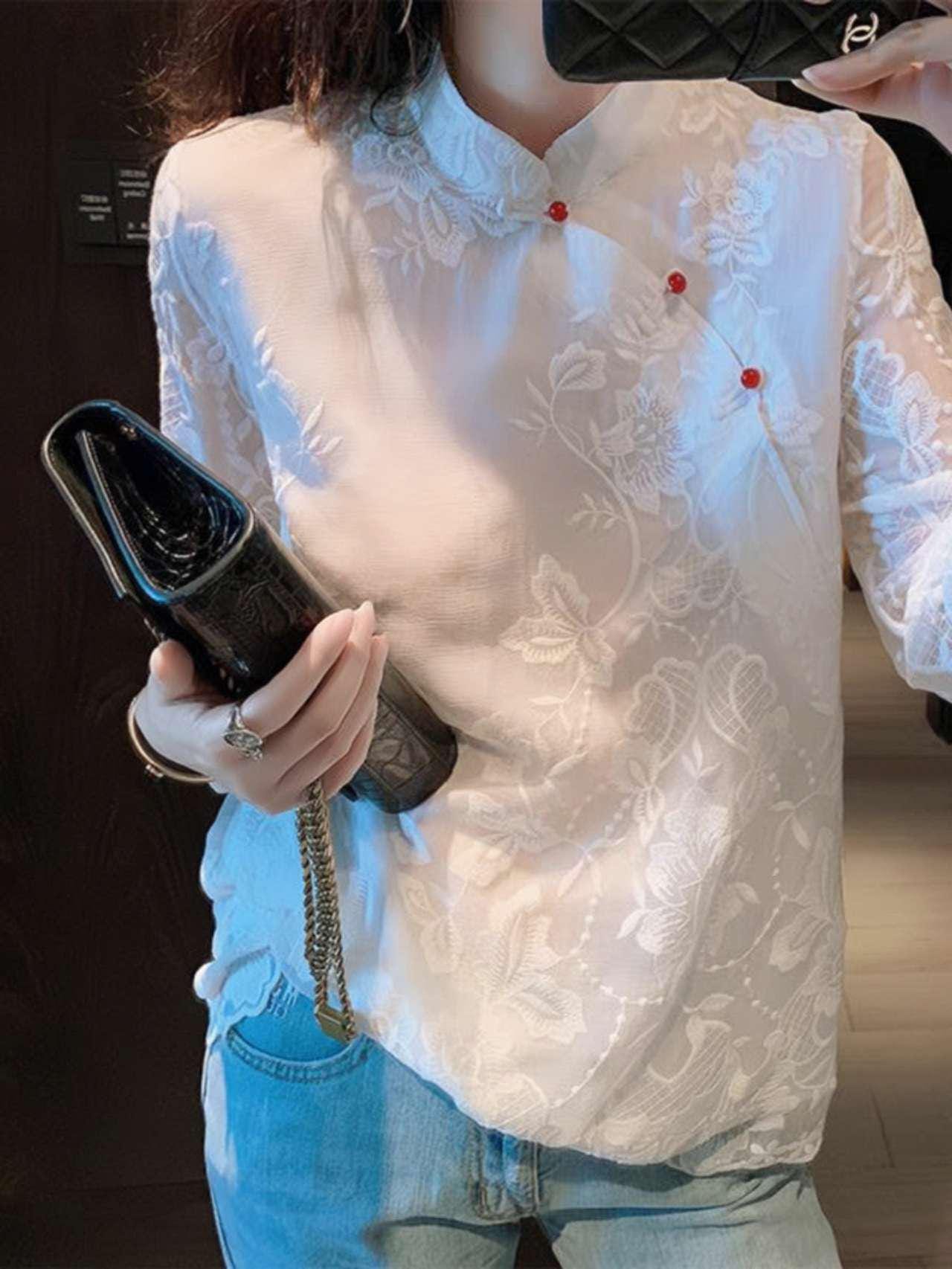 blusa china vintage mujer, camisa blanca bordada oriental, top holgado étnico retro, blusa estilo Tang, Camisa de la ceremonia del té