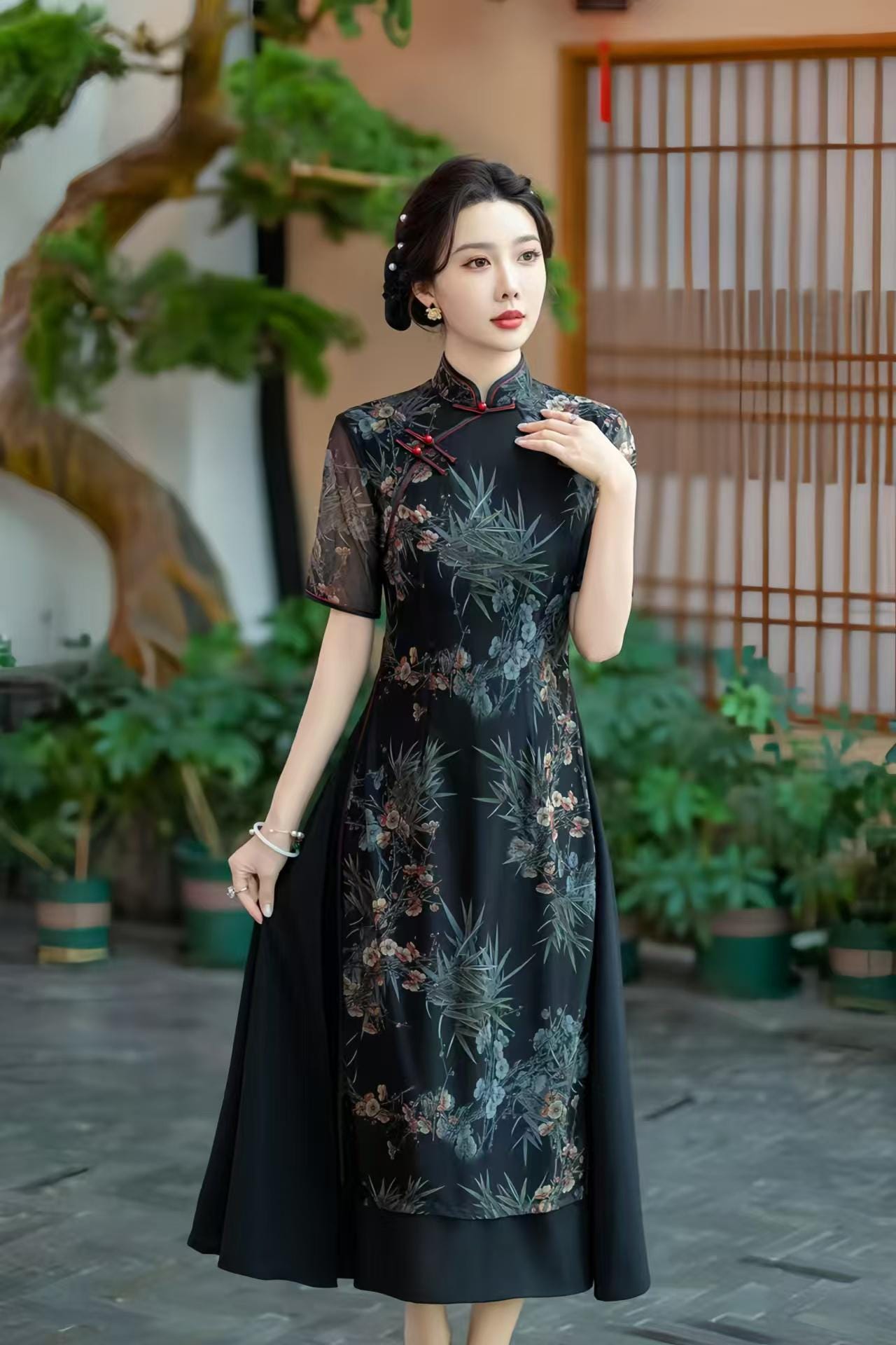 Vestido AoDai Qipao, Cheongsam Floral Oriental, Elegante Vietnamita, Chino Moderno, Mangas Transparentes,Cultural Asiático,Flores de Bambú