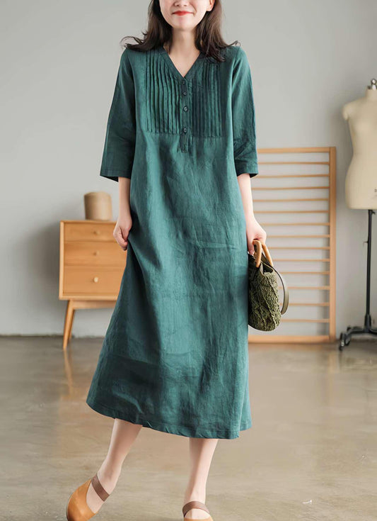 Vestido Plisado de Lino, Vestido Japandi Cuello en V, Ropa Estilo Zen Mori, Vestido de Tejido Natural, Vestido Suelto, Inspiración Japonesa
