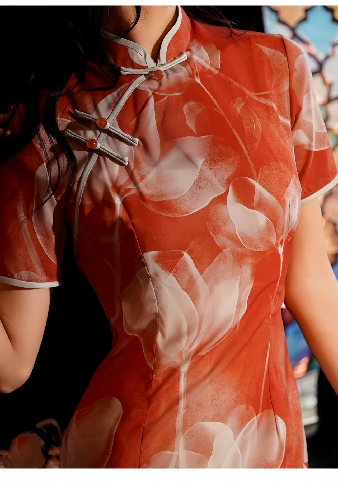 Elegante Qipao Rojo, Cheongsam de Malla Floral, Vestido Oriental Moderno,  Qipao para Boda, Vestido de Noche Chino, Romántico Traje Asiático