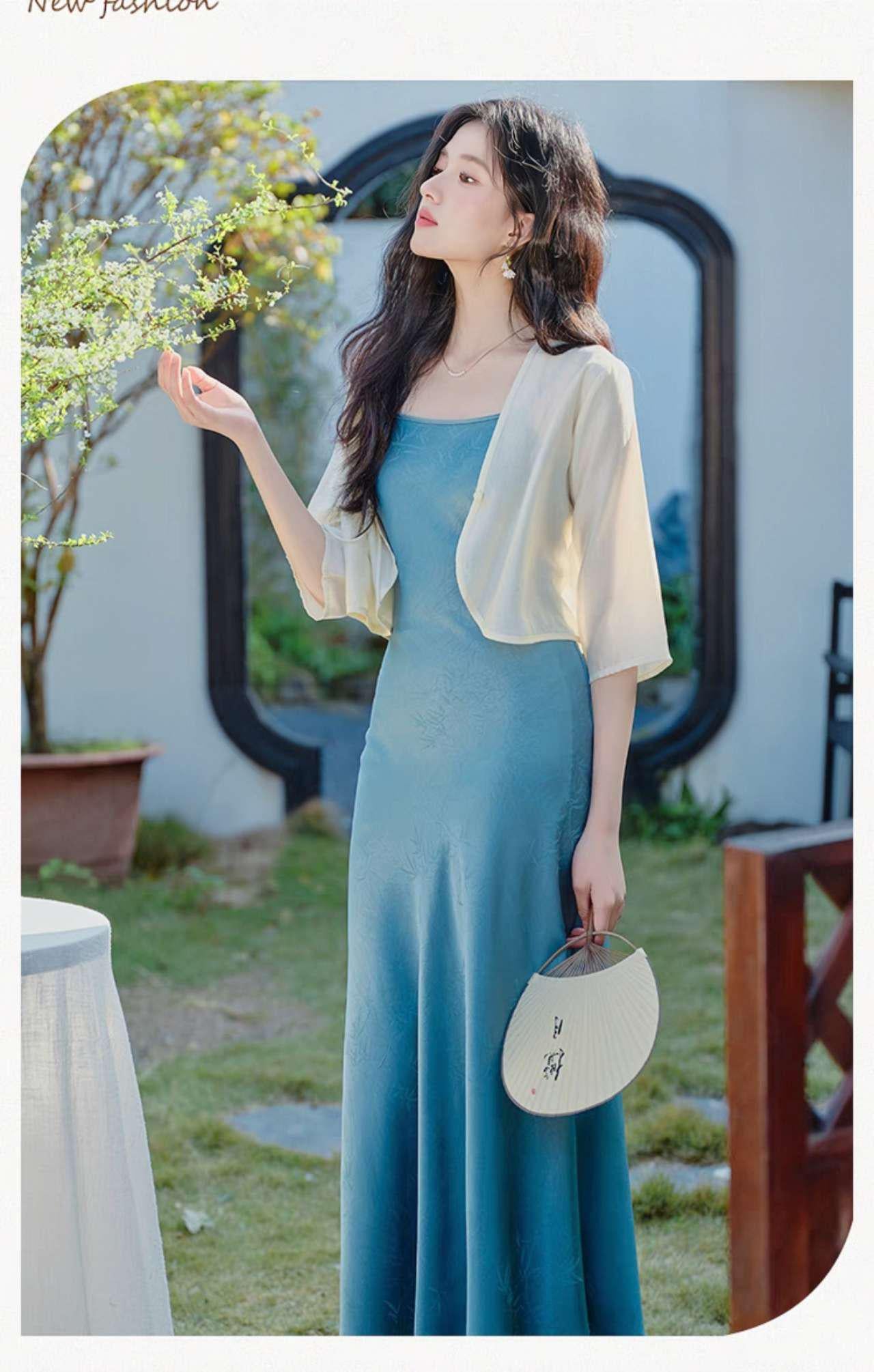 Conjunto Qipao de dos piezas,Vestido Estilo Zen,Moderno Conjunto Hanfu,Conjunto Verano Oficina,Vestido Asiático Minimalista,Ceremonia del Té