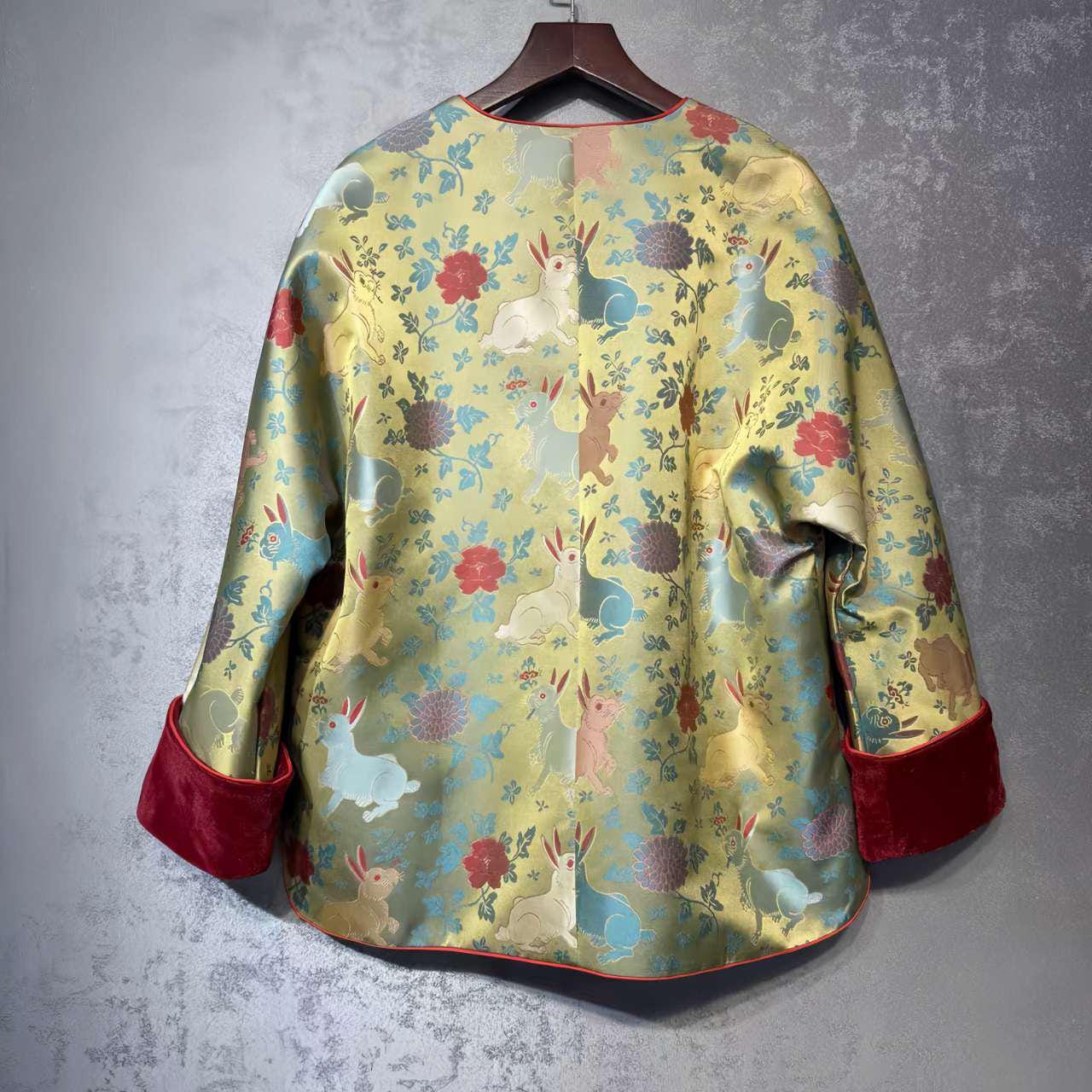 Chaqueta de seda brocada de conejo, abrigo del año del conejo, regalo chino de la suerte para ella,chaqueta dorada del zodiaco Tang,vintage,
