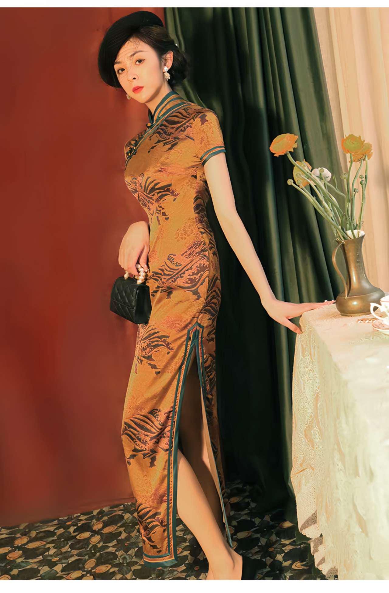 Vestido Qipao Brocado Dorado, Cheongsam Chino Vintage,Vestido Estilo Ópera China, Traje Antiguo de Shanghai,Vestido para Ceremonia del Té