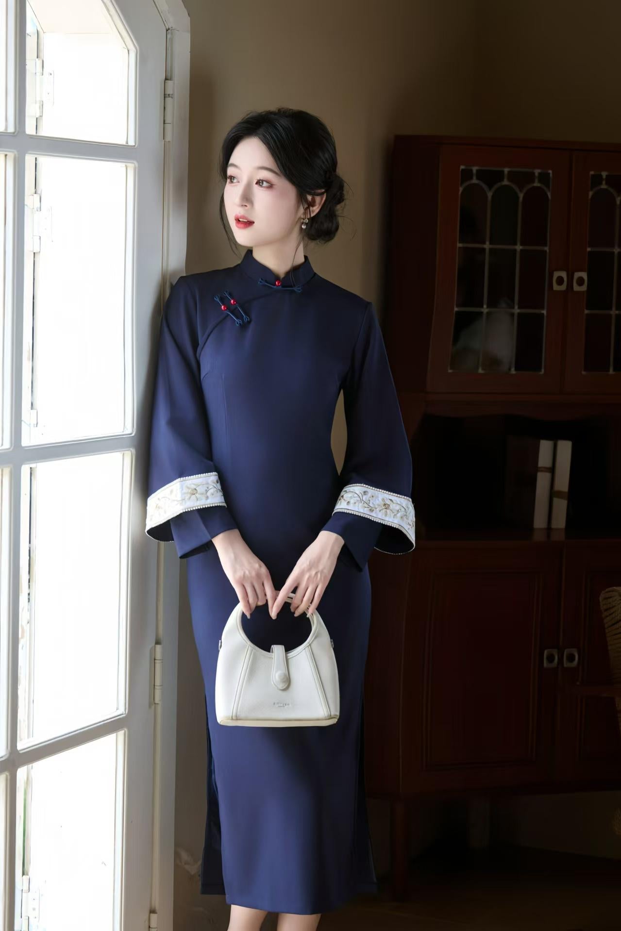 Vestido Qipao Otoño, Vestido Cheongsam Azul Marino, Vestido Chino Manga Larga, Elegante Conjunto Midi Tang, Vestido Oriental Lino Tencel