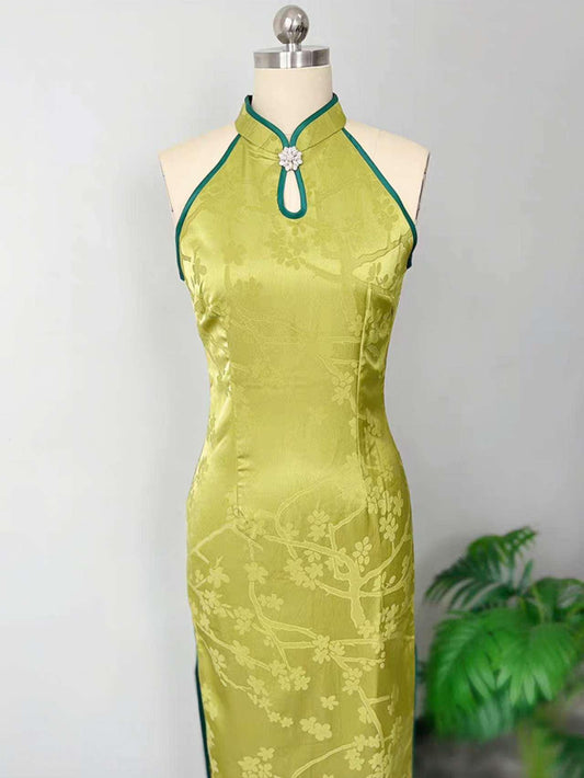 Qipao Verde Halter, Vestido de Brocado Floral Cheongsam, Vestido Chino de Verano, Traje de Invitada de Boda,Vestido Vintage Elegante para Té