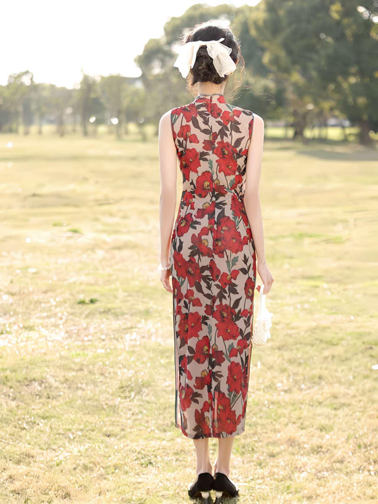 Vestido Qipao Flor Rojo, Vestido Retro Chino, Cheongsam Oriental de Verano, Elegante Qipao Vintage,Vestido Garden Tea Party,regalo para ella