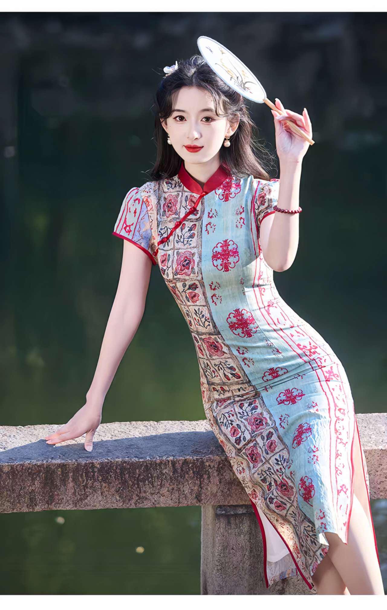 Patchwork Qipao Dress, Retro Cheongsam, Oriental Boho Dress, Vintage Style Qipao, Spring Summer Tea Dress, Gift for Her