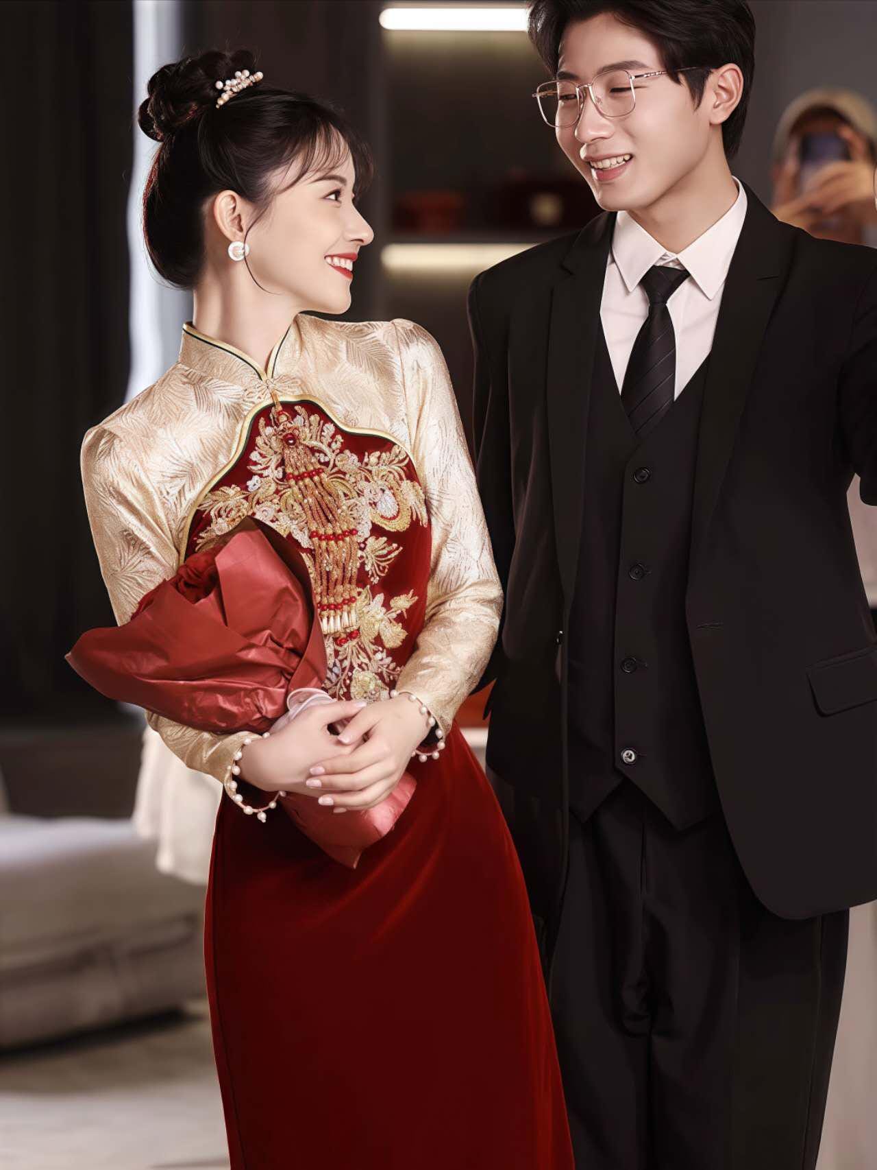 Qipao Rojo Vino, Vestido de Novia Cheongsam, Vestido Tradicional para la Ceremonia del Té, Vestido de Compromiso Chino,Traje Formal Asiático