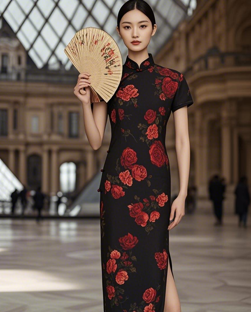 Qipao chino, cheongsam vintage, vestido oriental, satén negro, flores rojas, elegante, tradicional, boda, fiesta, vestido largo.