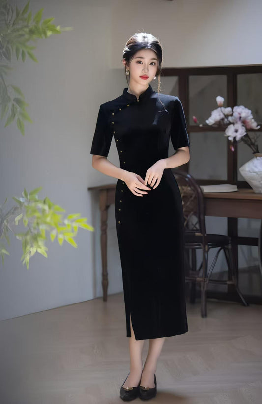 Minimalist Velvet Qipao Dress, Black Cheongsam with Gold Buttons, Elegant Midi Oriental Dress, Luxury Chinese Autumn Dress
