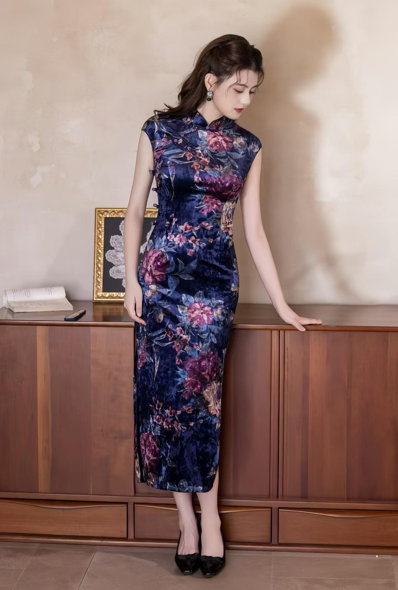Velvet Qipao Dress, Blue Floral Cheongsam, Elegant Long Chinese Dress, Autumn Winter Evening Dress, Vintage Oriental Party Dress