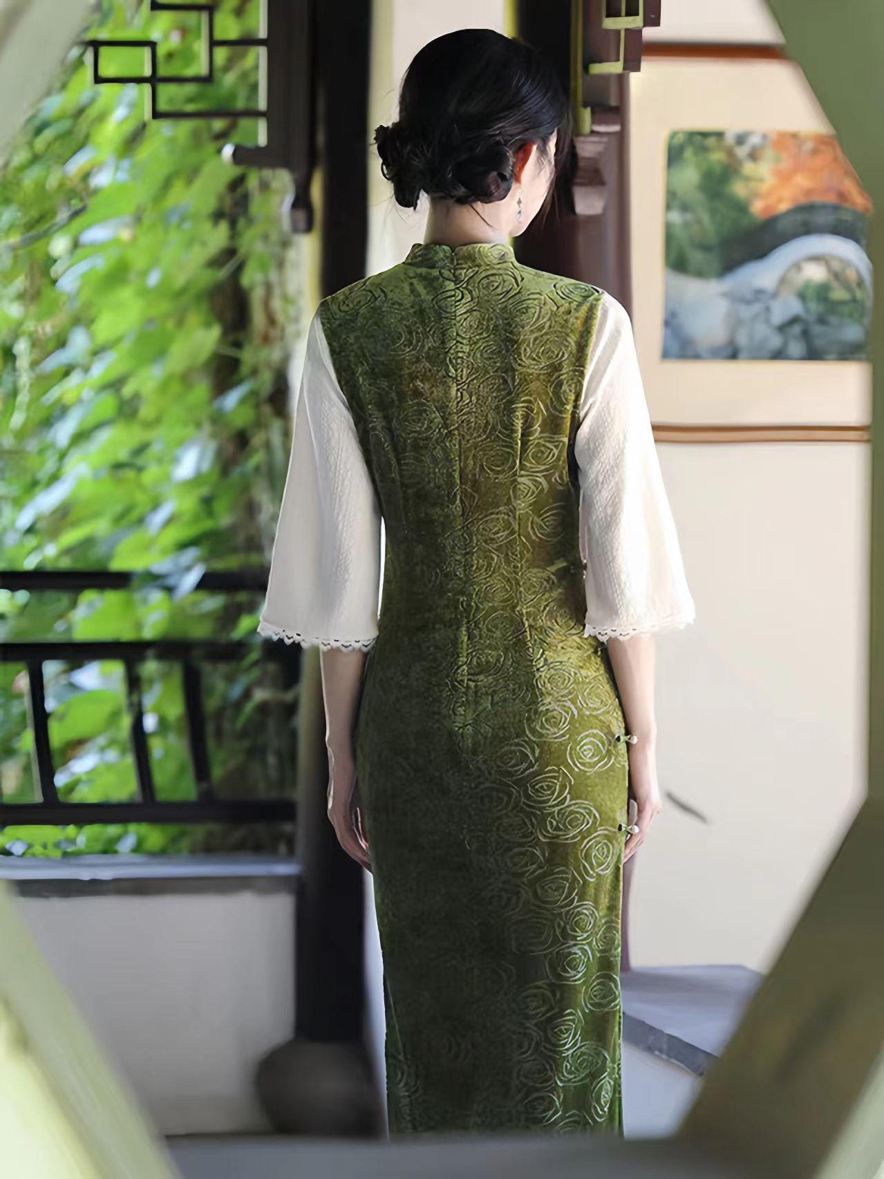 Qipao de Terciopelo,Vestido Cheongsam clásico,Vestido de Fiesta Oriental morado,Vestido Formal Vintage,Cheongsam Retro Floral,para Té o Gala
