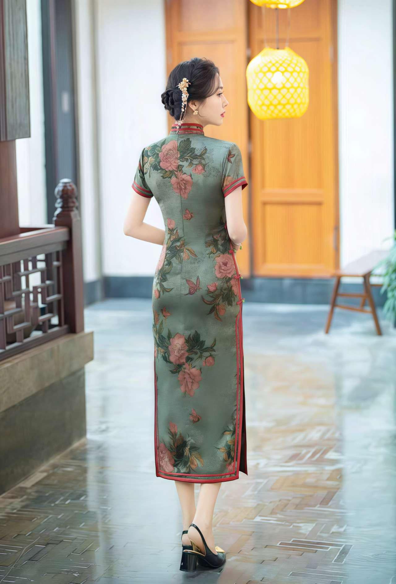 Vintage Floral Qipao, Green Brocade Cheongsam, Oriental Wedding Dress, Asian Retro Dress, Classic Qipao Dress, Tea Ceremony