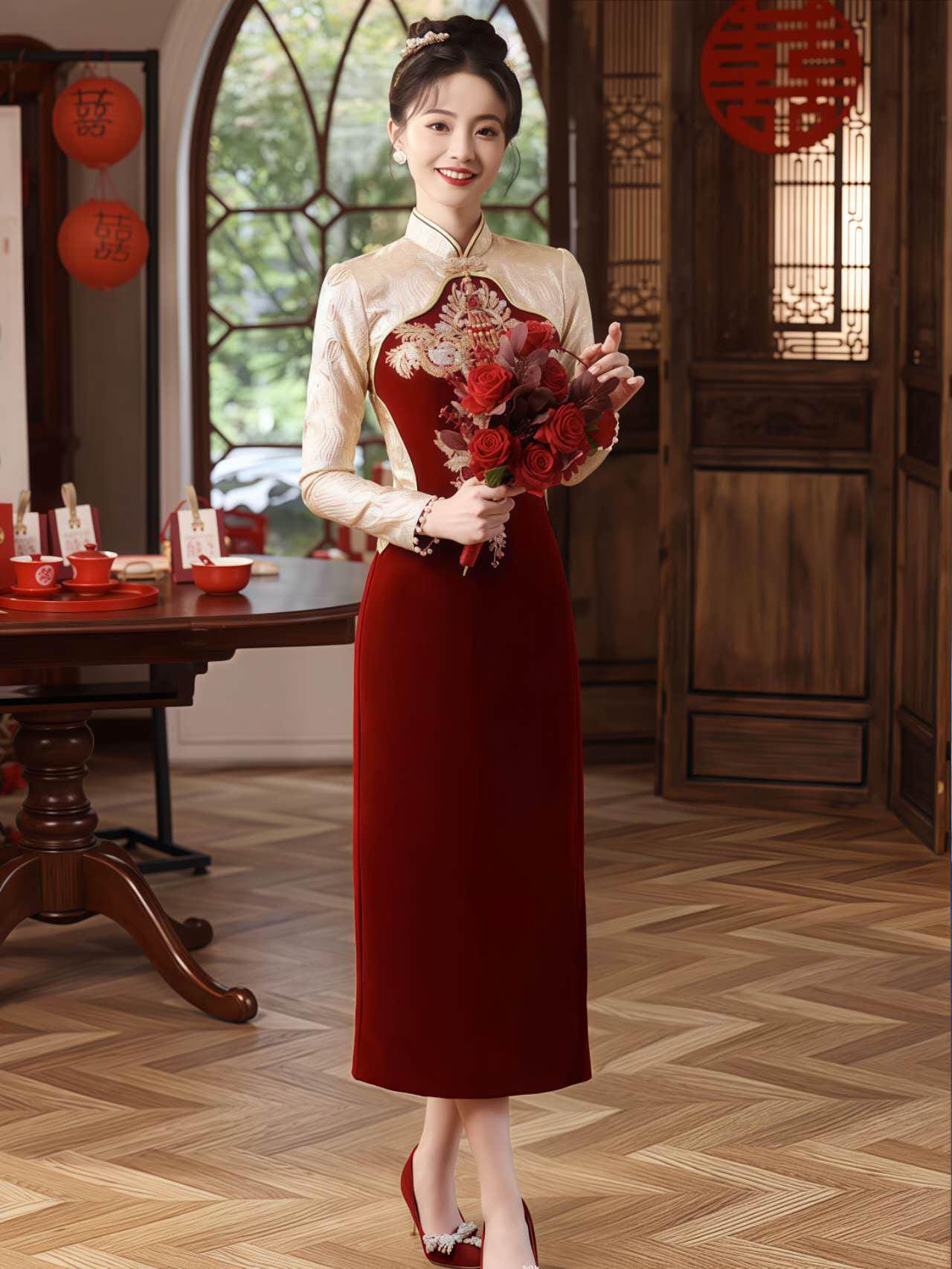 Qipao Rojo Vino, Vestido de Novia Cheongsam, Vestido Tradicional para la Ceremonia del Té, Vestido de Compromiso Chino,Traje Formal Asiático