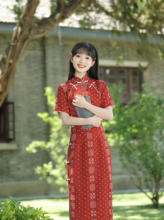 Burgundy Qipao Cheongsam, Elegant Eight Buttons Long Dress with Mandarin Collar, Vintage Chinese Evening Dress, Red Formal Party Dress