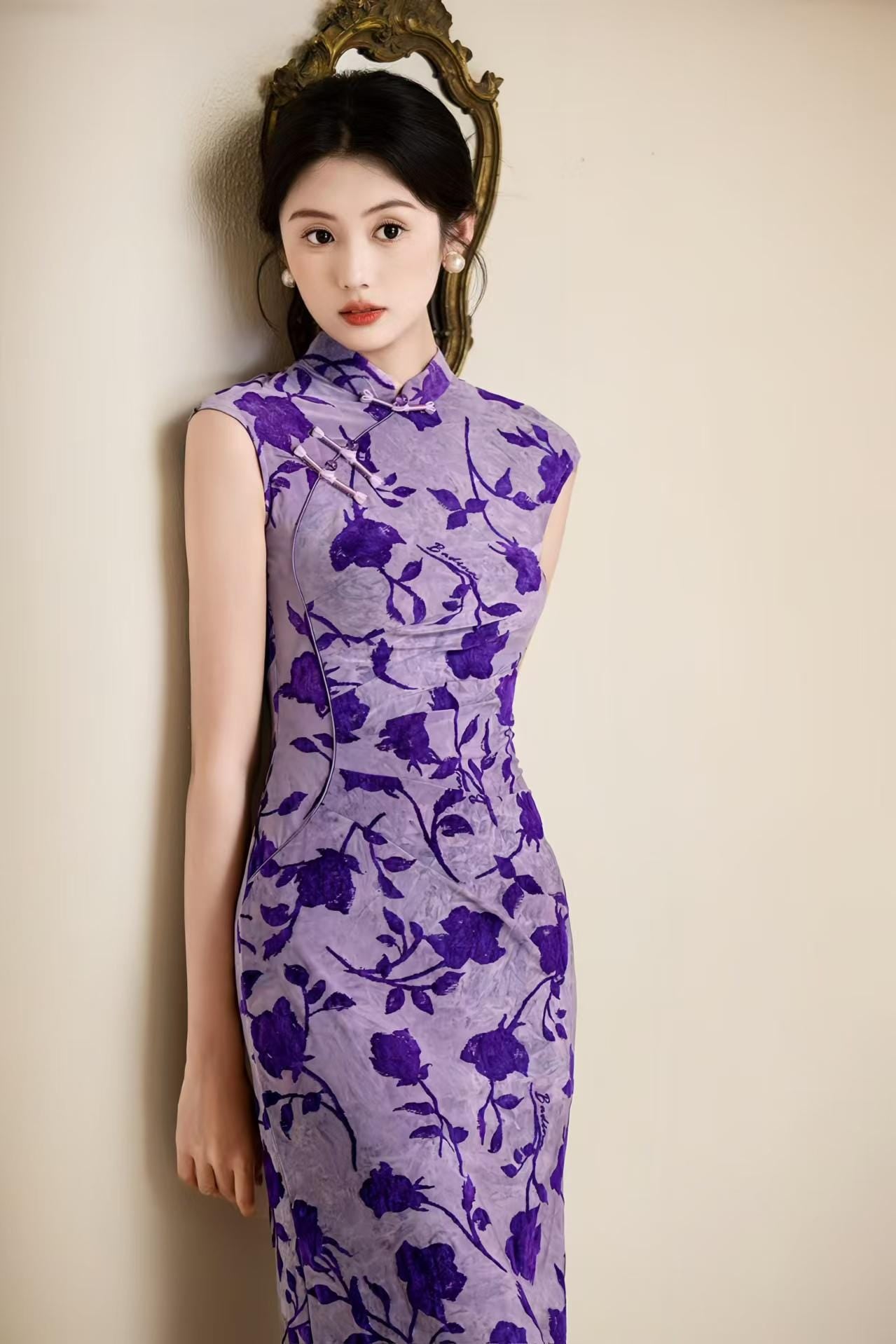 Vestido Cheongsam Floral Púrpura, Elegante Qipao Chino,  Midi Oriental Vintage, Repleto, Traje Formal Cultural, Noche Estilo Retro Asiático