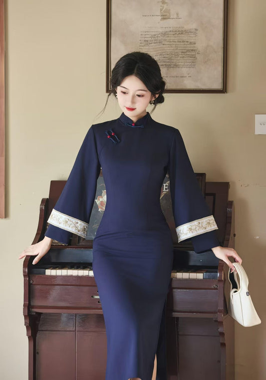 Vestido Qipao Otoño, Vestido Cheongsam Azul Marino, Vestido Chino Manga Larga, Elegante Conjunto Midi Tang, Vestido Oriental Lino Tencel