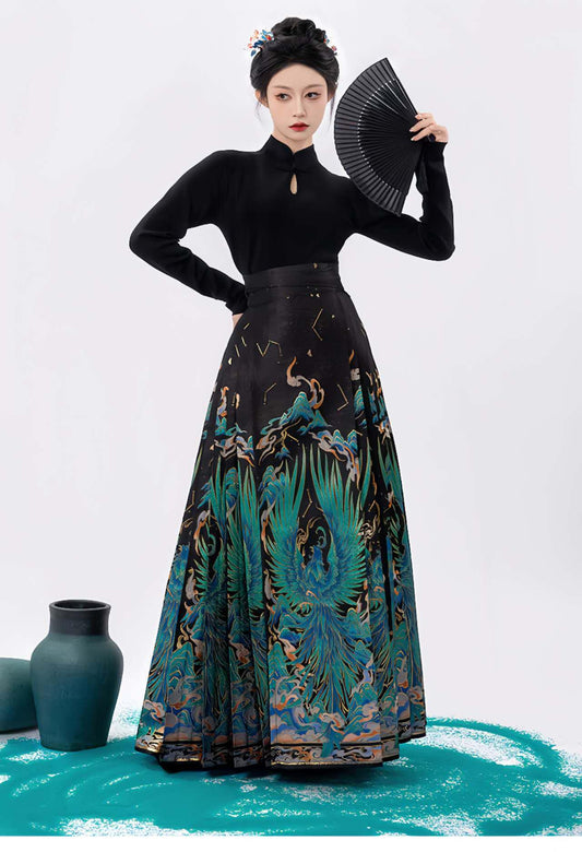 Falda Hanfu Pájaro Mítico, Maxi Falda China, Falda Plisada Cintura Alta, MaMianQun Estampada,Elegante Conjunto Festival,Hanfu Estilo Antiguo